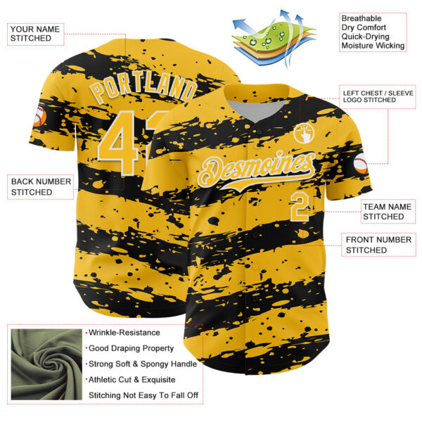 Custom Gold Black-White Paint Splash Stripe Authentic Baseball Jersey