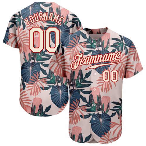 3DPattern1303 Custom Cream Red 3D Pattern Design Hawaii Palm Leaves And Flowers Authentic Baseball Jersey