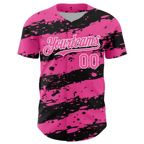 Custom Pink Black-White Paint Splash Stripe Authentic Baseball Jersey