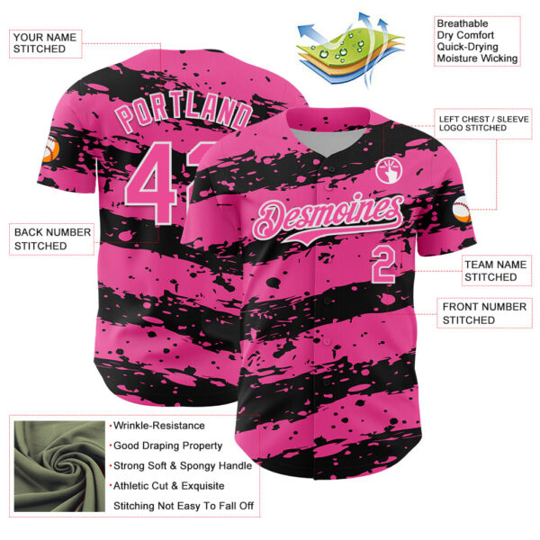 Custom Pink Black-White Paint Splash Stripe Authentic Baseball Jersey