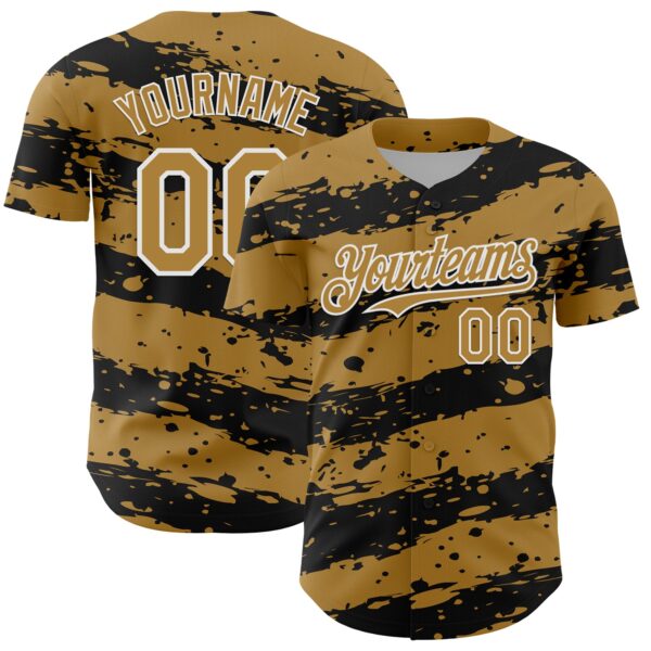 Custom Old Gold Black-White Paint Splash Stripe Authentic Baseball Jersey