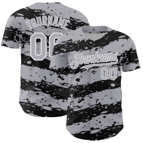 Custom Gray Black-White Paint Splash Stripe Authentic Baseball Jersey
