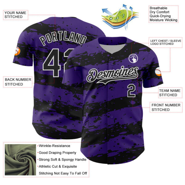 Custom Purple Black-White Paint Splash Stripe Authentic Baseball Jersey