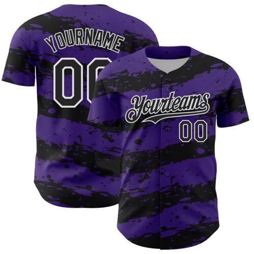 Custom Purple Black-White Paint Splash Stripe Authentic Baseball Jersey