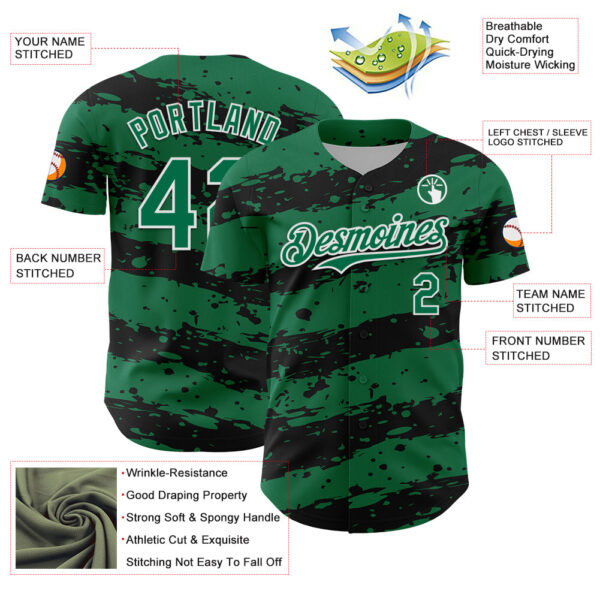 Custom Kelly Green Black-White Paint Splash Stripe Authentic Baseball Jersey