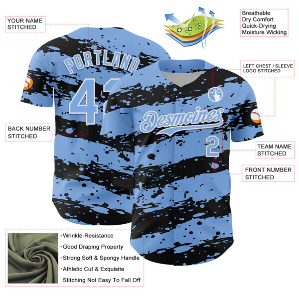 Custom Light Blue Black-White Paint Splash Stripe Authentic Baseball Jersey