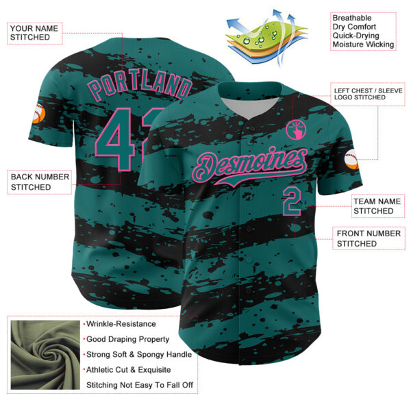 Custom Teal Black-Pink Paint Splash Stripe Authentic Baseball Jersey