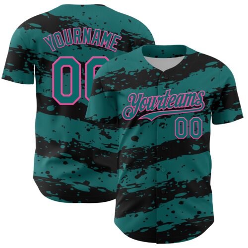 3DPattern13037 Custom Teal Black-Pink Paint Splash Stripe Authentic Baseball Jersey