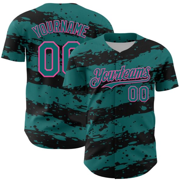 Custom Teal Black-Pink Paint Splash Stripe Authentic Baseball Jersey