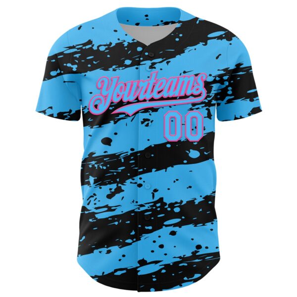Custom Sky Blue Black-Pink Paint Splash Stripe Authentic Baseball Jersey