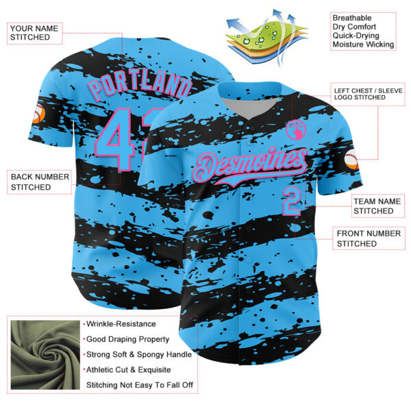 Custom Sky Blue Black-Pink Paint Splash Stripe Authentic Baseball Jersey