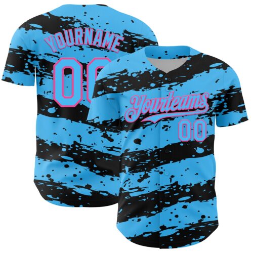 3DPattern13039 Custom Sky Blue Black-Pink Paint Splash Stripe Authentic Baseball Jersey