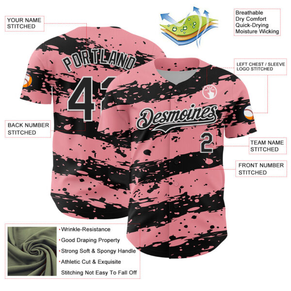 Custom Medium Pink Black-White Paint Splash Stripe Authentic Baseball Jersey