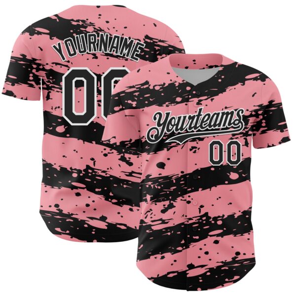 Custom Medium Pink Black-White Paint Splash Stripe Authentic Baseball Jersey