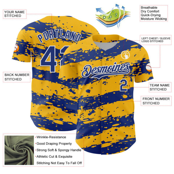 Custom Gold Royal-White Paint Splash Stripe Authentic Baseball Jersey