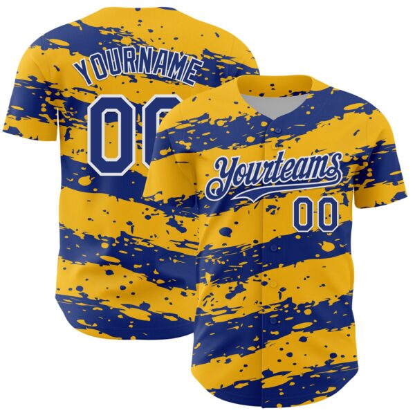 Custom Gold Royal-White Paint Splash Stripe Authentic Baseball Jersey