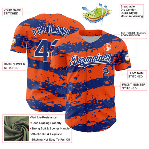 Custom Orange Royal-White Paint Splash Stripe Authentic Baseball Jersey