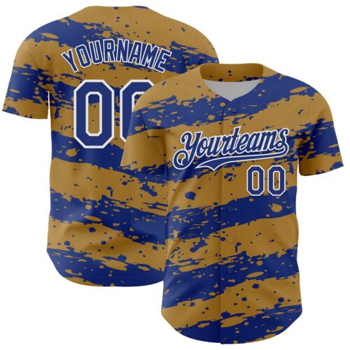 Custom Old Gold Royal-White Paint Splash Stripe Authentic Baseball Jersey