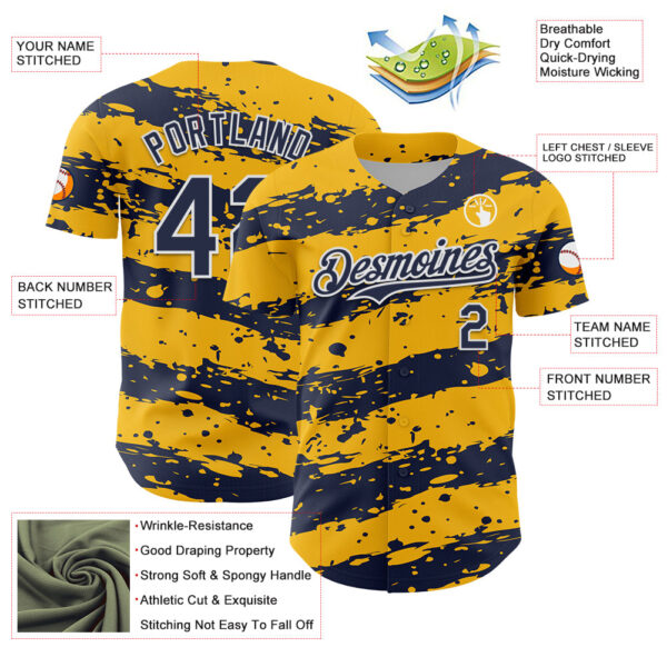 Custom Gold Navy-White Paint Splash Stripe Authentic Baseball Jersey