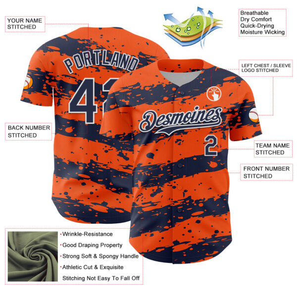 Custom Orange Navy-White Paint Splash Stripe Authentic Baseball Jersey