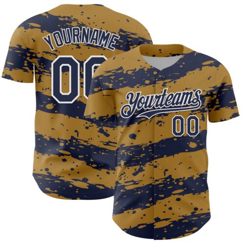 Custom Old Gold Navy-White Paint Splash Stripe Authentic Baseball Jersey