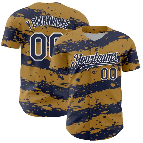 Custom Old Gold Navy-White Paint Splash Stripe Authentic Baseball Jersey