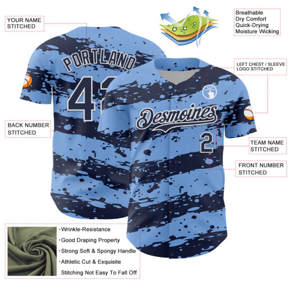 Custom Light Blue Navy-White Paint Splash Stripe Authentic Baseball Jersey