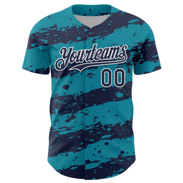 Custom Teal Navy-White Paint Splash Stripe Authentic Baseball Jersey