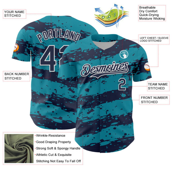 Custom Teal Navy-White Paint Splash Stripe Authentic Baseball Jersey