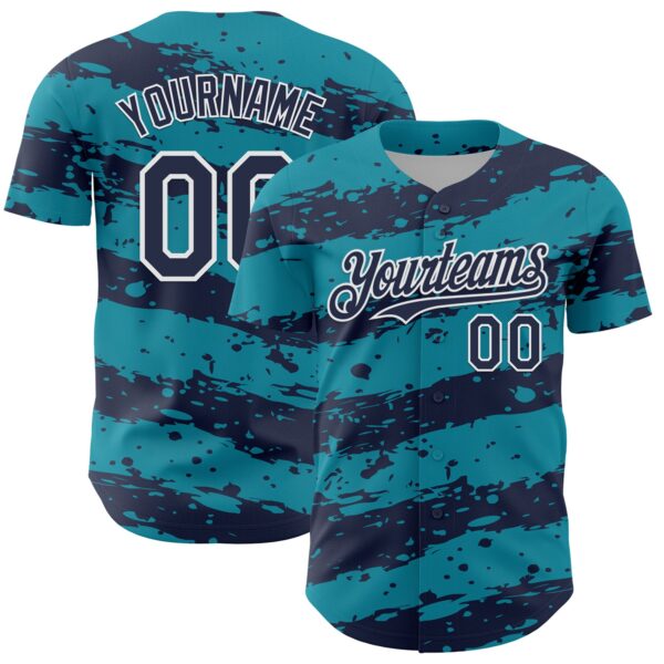 Custom Teal Navy-White Paint Splash Stripe Authentic Baseball Jersey