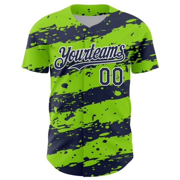 Custom Neon Green Navy-White Paint Splash Stripe Authentic Baseball Jersey