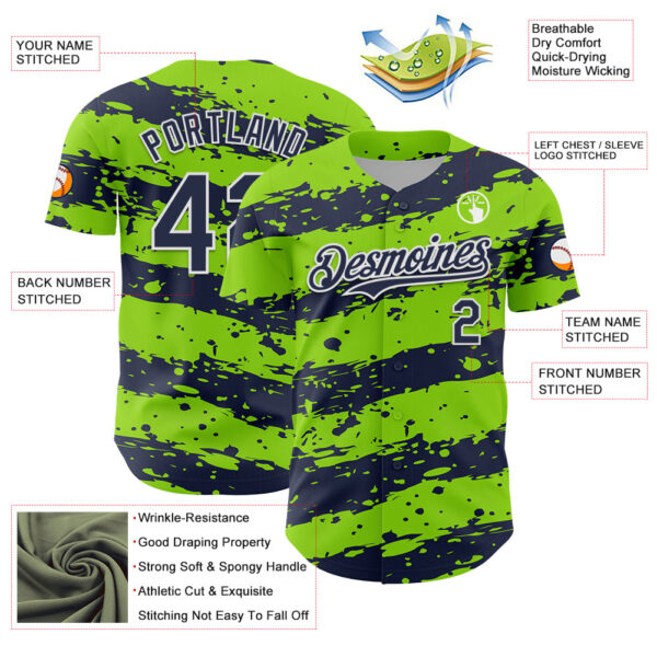 Custom Neon Green Navy-White Paint Splash Stripe Authentic Baseball Jersey