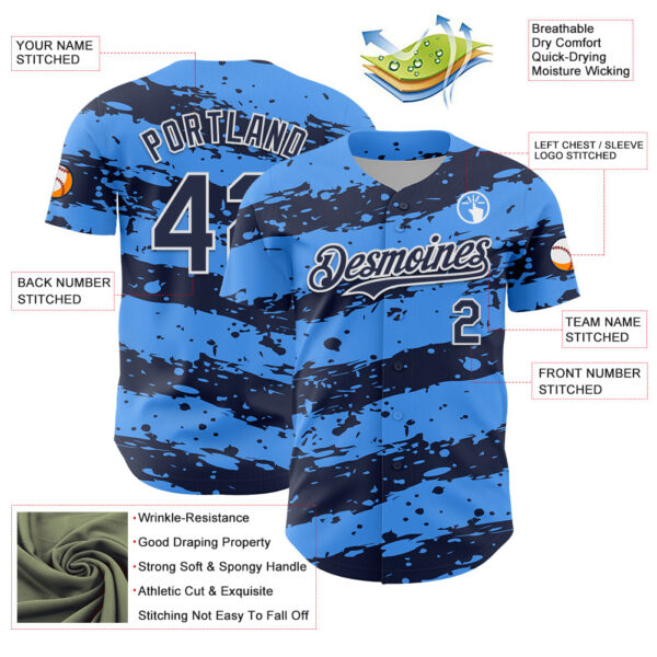 Custom Electric Blue Navy-White Paint Splash Stripe Authentic Baseball Jersey