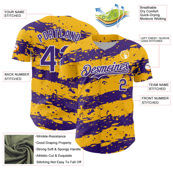 Custom Gold Purple-White Paint Splash Stripe Authentic Baseball Jersey