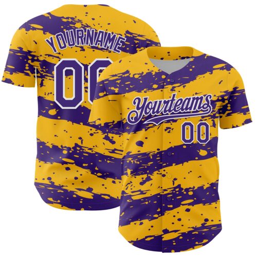 3DPattern13054 Custom Gold Purple-White Paint Splash Stripe Authentic Baseball Jersey