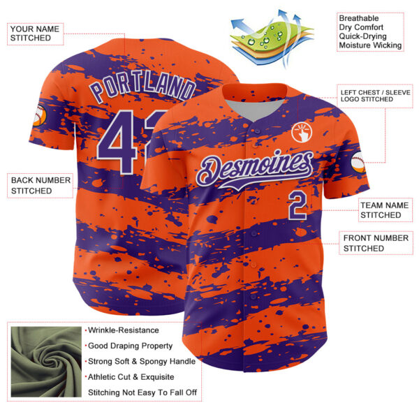 Custom Orange Purple-White Paint Splash Stripe Authentic Baseball Jersey
