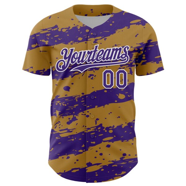 Custom Old Gold Purple-White Paint Splash Stripe Authentic Baseball Jersey