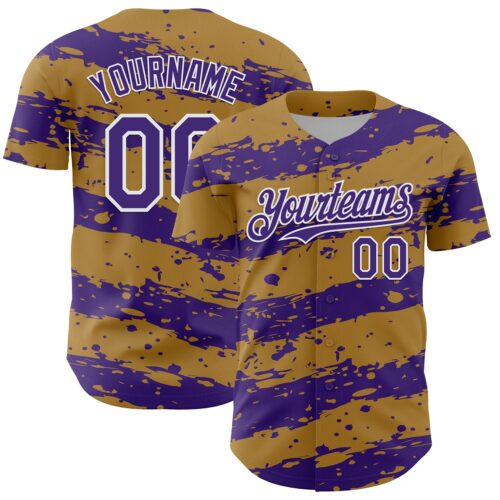 Custom Old Gold Purple-White Paint Splash Stripe Authentic Baseball Jersey
