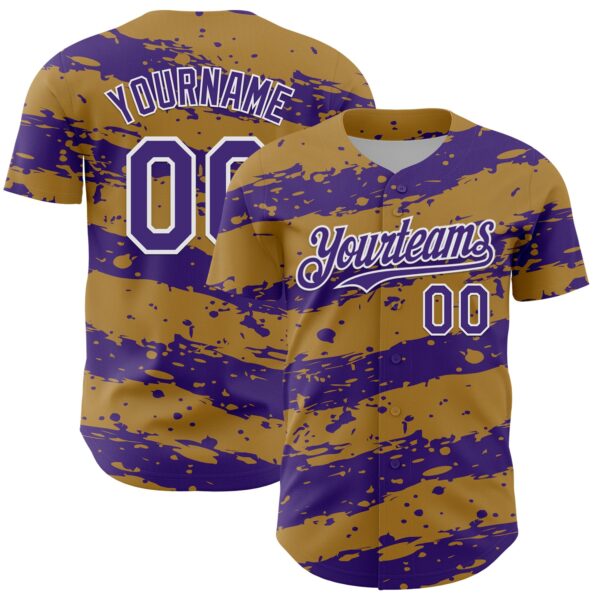Custom Old Gold Purple-White Paint Splash Stripe Authentic Baseball Jersey