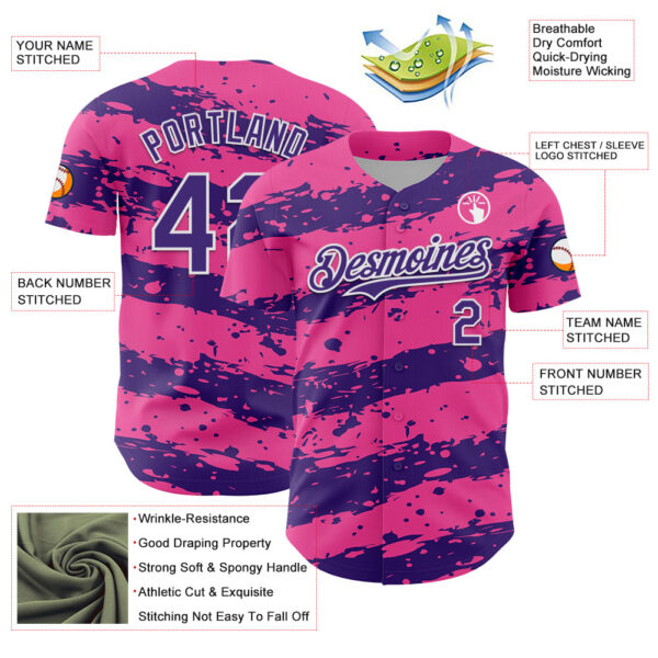 Custom Pink Purple-White Paint Splash Stripe Authentic Baseball Jersey