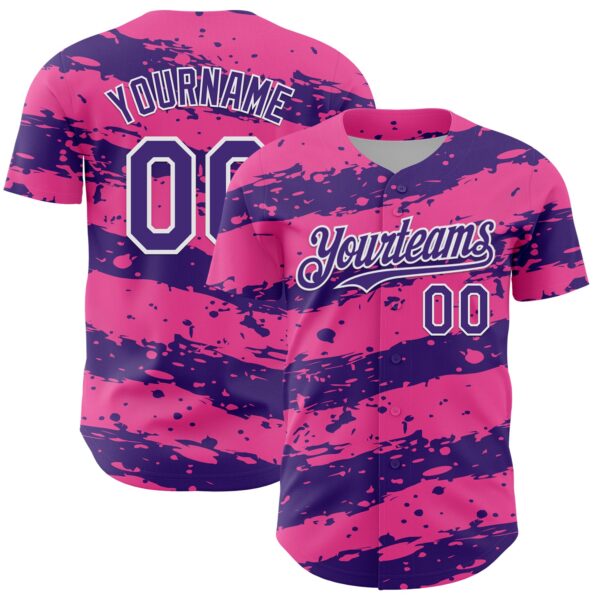 Custom Pink Purple-White Paint Splash Stripe Authentic Baseball Jersey