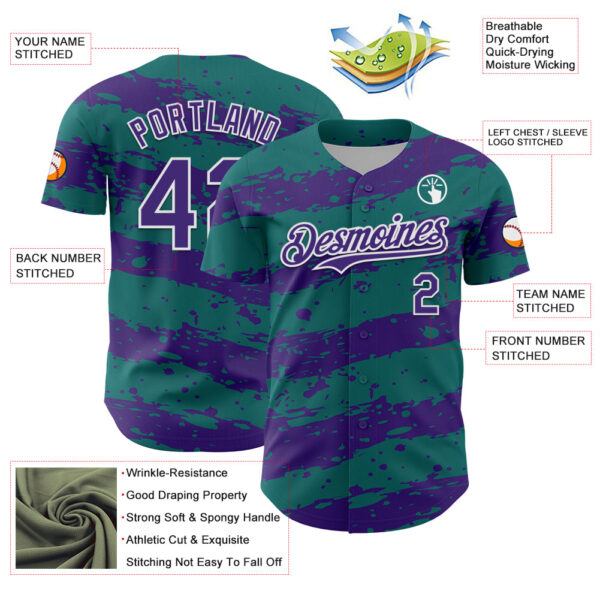 Custom Teal Purple-White Paint Splash Stripe Authentic Baseball Jersey