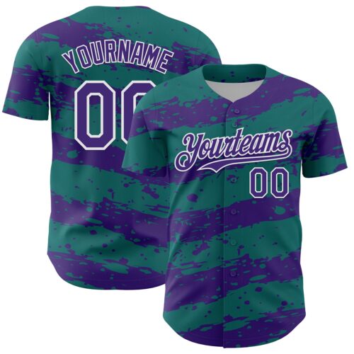 Custom Teal Purple-White Paint Splash Stripe Authentic Baseball Jersey