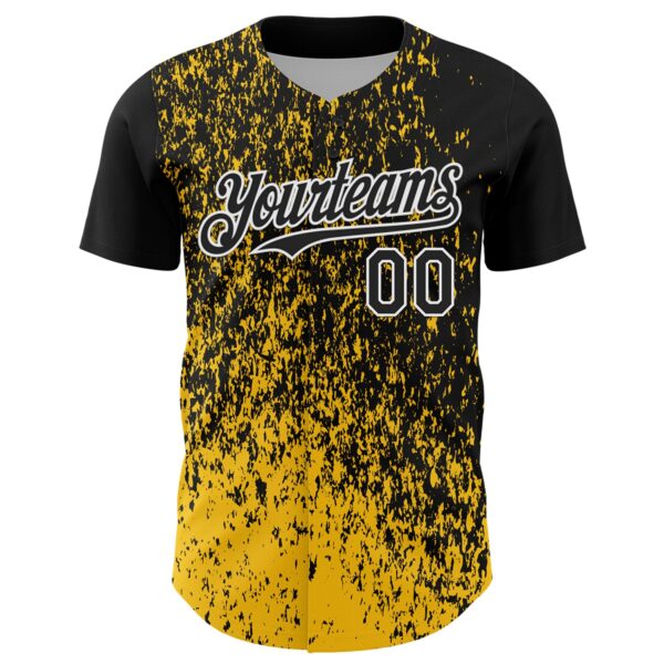 Custom Black Yellow-White Abstract Fragment Splatter Authentic Baseball Jersey