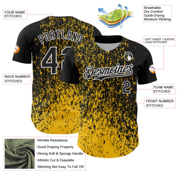 Custom Black Yellow-White Abstract Fragment Splatter Authentic Baseball Jersey