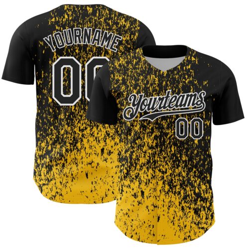 Custom Black Yellow-White Abstract Fragment Splatter Authentic Baseball Jersey