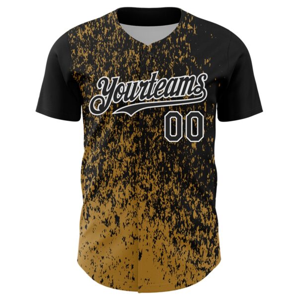 Custom Black Old Gold-White Abstract Fragment Splatter Authentic Baseball Jersey