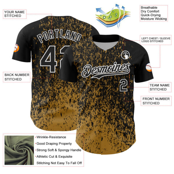 Custom Black Old Gold-White Abstract Fragment Splatter Authentic Baseball Jersey