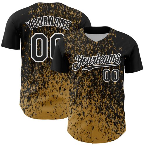 Custom Black Old Gold-White Abstract Fragment Splatter Authentic Baseball Jersey