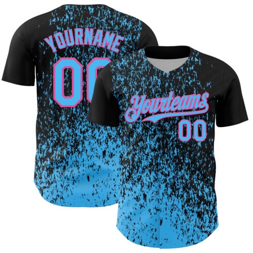 Custom Black Sky Blue-Pink Abstract Fragment Splatter Authentic Baseball Jersey